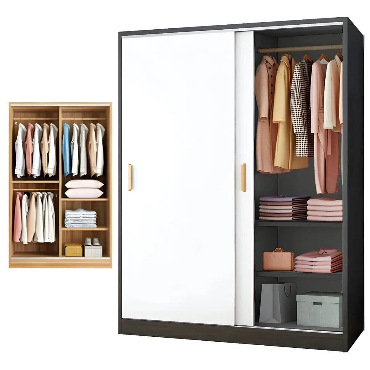 Japandi Sliding Door Wardrobe Armoire with Shelves and Hanging Rail