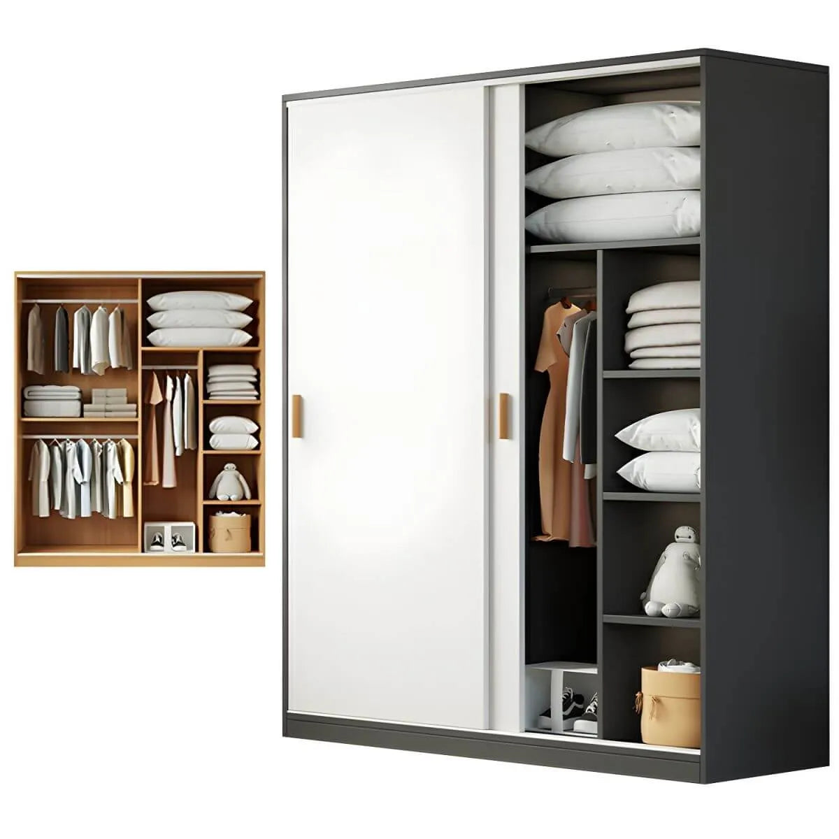 Japandi Sliding Door Wardrobe Armoire with Shelves and Hanging Rail
