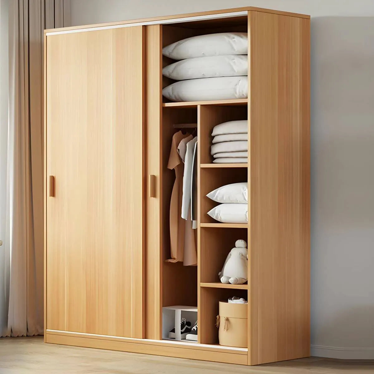 Japandi Sliding Door Wardrobe Armoire with Shelves and Hanging Rail Main Product Image