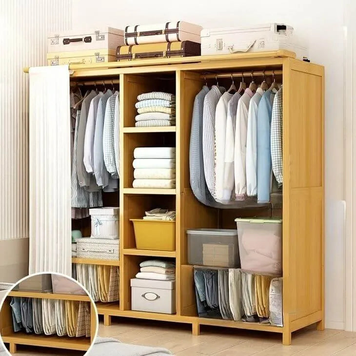 Japandi Sliding Door Wardrobe Armoire With Shelves And Rod