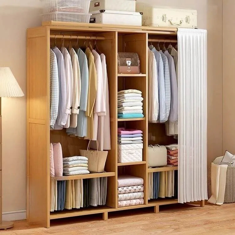 Japandi Sliding Door Wardrobe Armoire With Shelves And Rod