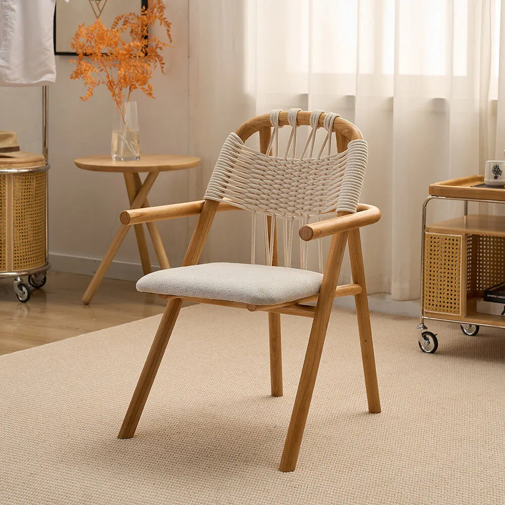 Japandi Solid Wood Rope Dining Chair Series With Curved Arms