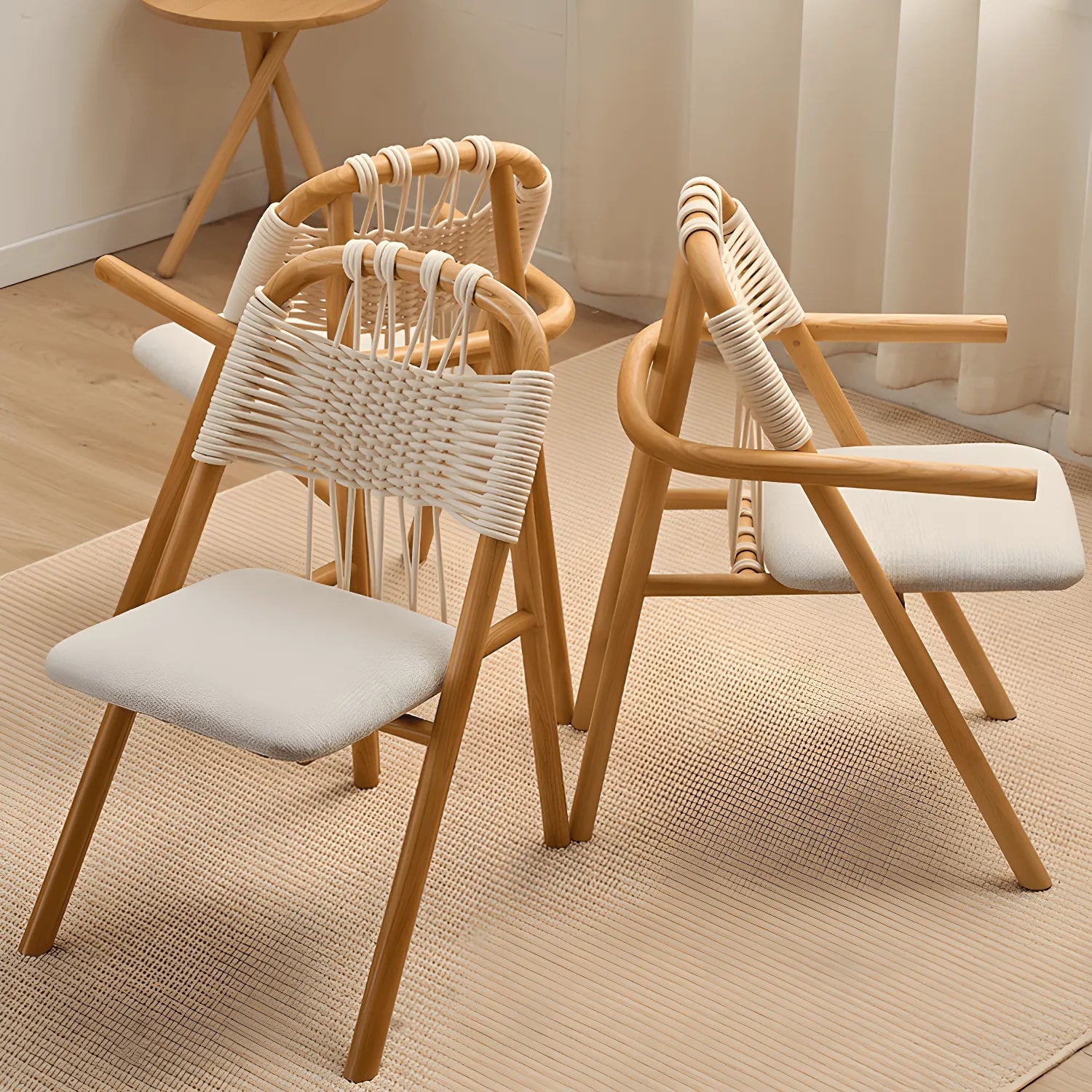 Japandi Solid Wood Rope Dining Chair Series With Curved Arms
