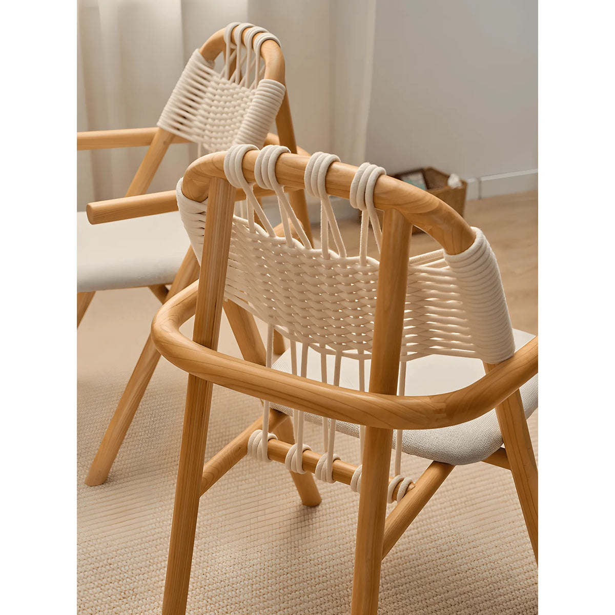 Japandi Solid Wood Rope Dining Chair Series With Curved Arms