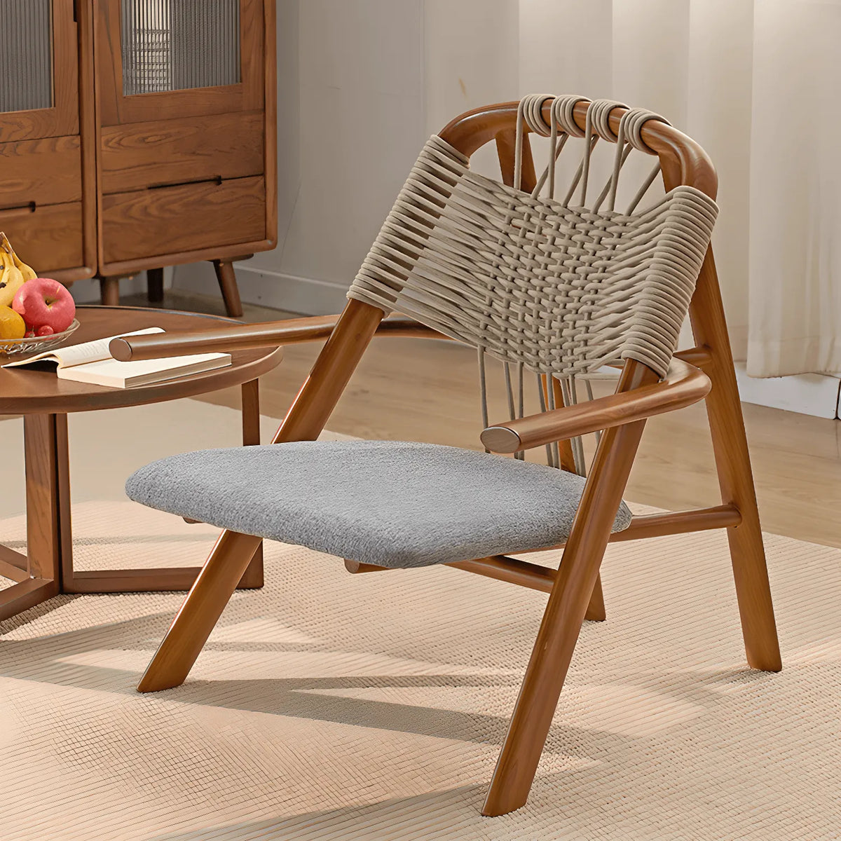 Japandi Solid Wood Rope Dining Chair Series With Curved Arms