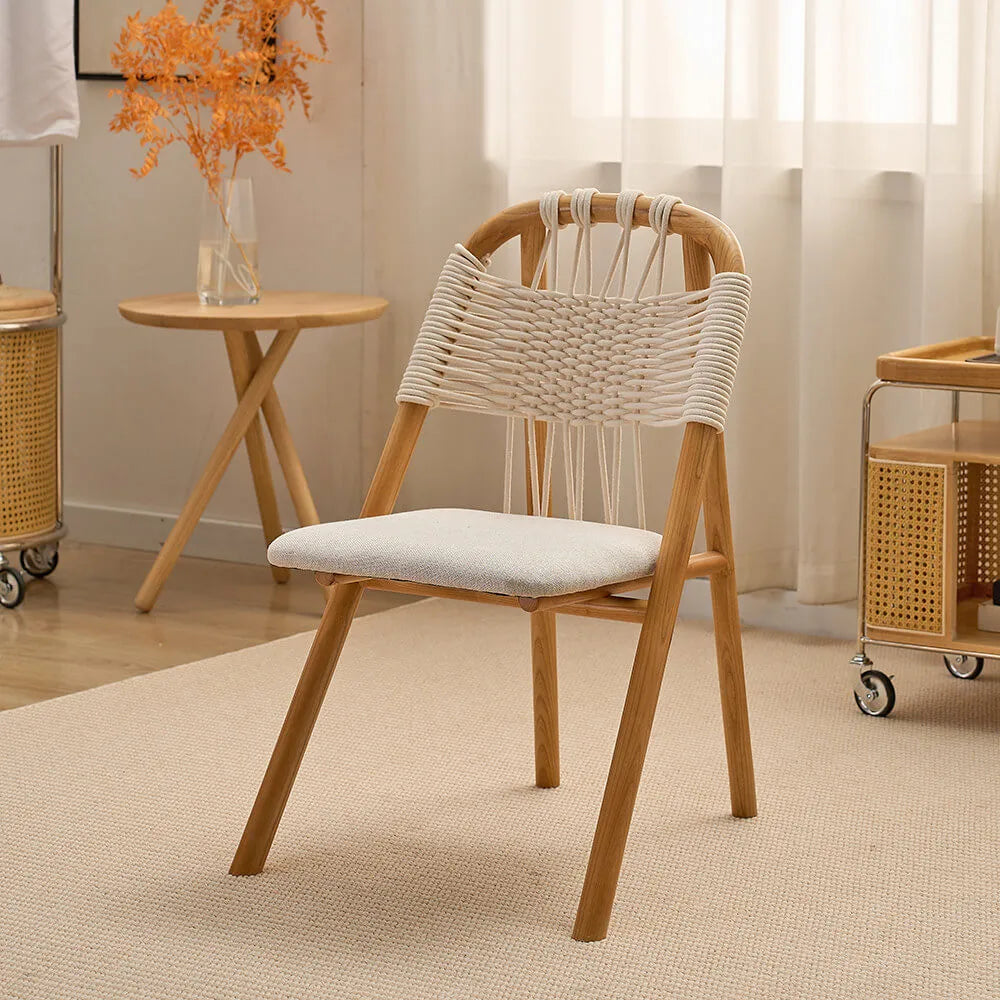 Japandi Solid Wood Rope Dining Chair Series With Curved Arms