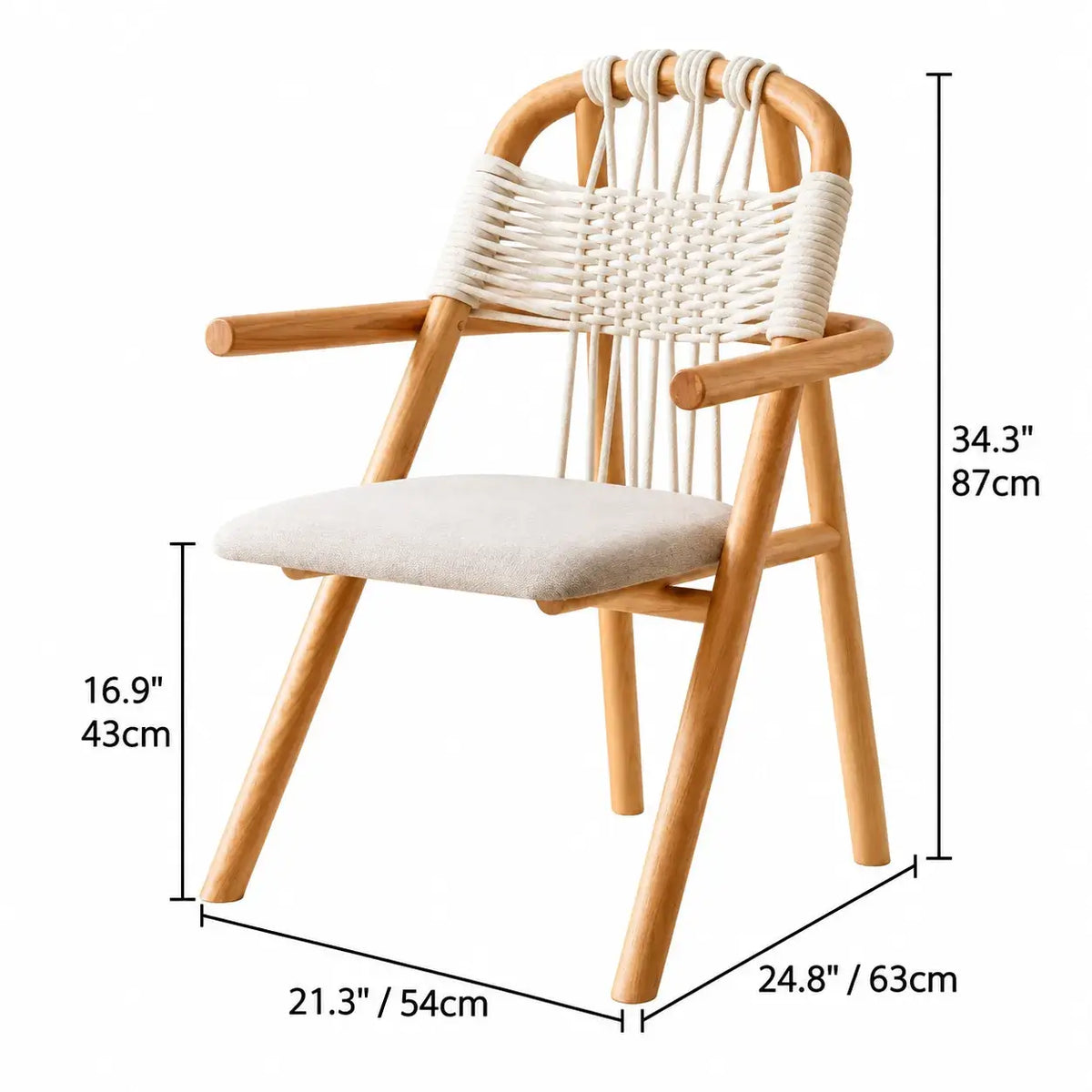Japandi Solid Wood Rope Dining Chair Series With Curved Arms Dimensions