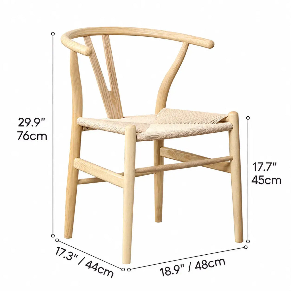Japandi Solid Wood Wegner Wishbone Chair Series with Curved Arms Dimensions