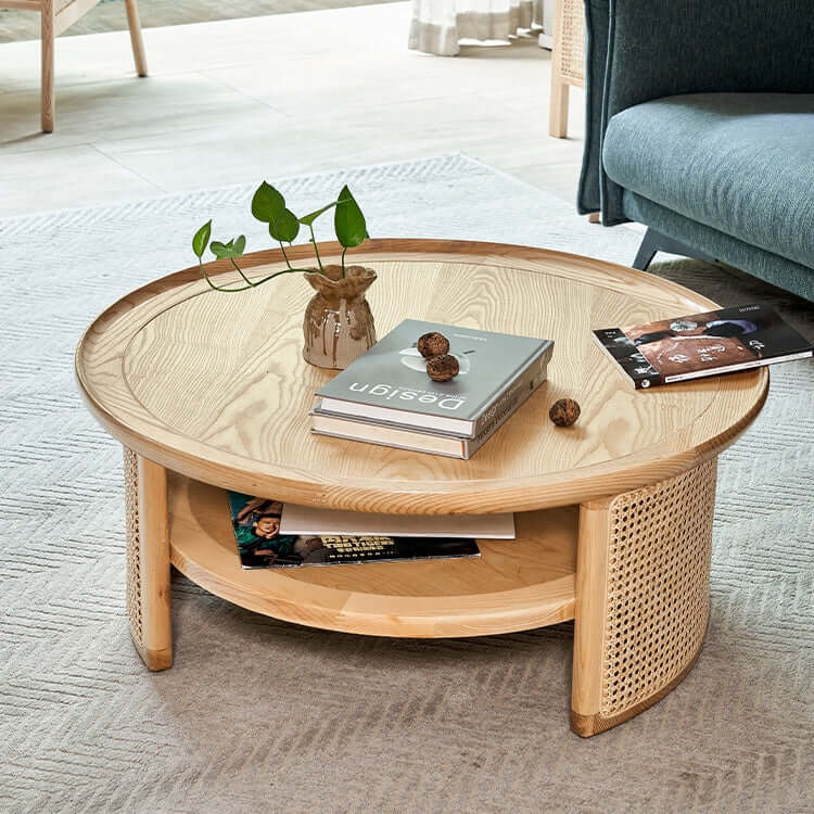 Japandi Style Round Coffee Table with Storage and Rattan Accents