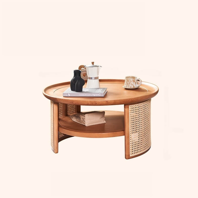 Japandi Style Round Coffee Table with Storage and Rattan Accents
