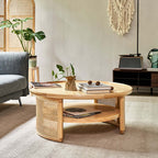 Japandi Style Round Coffee Table with Storage and Rattan Accents
