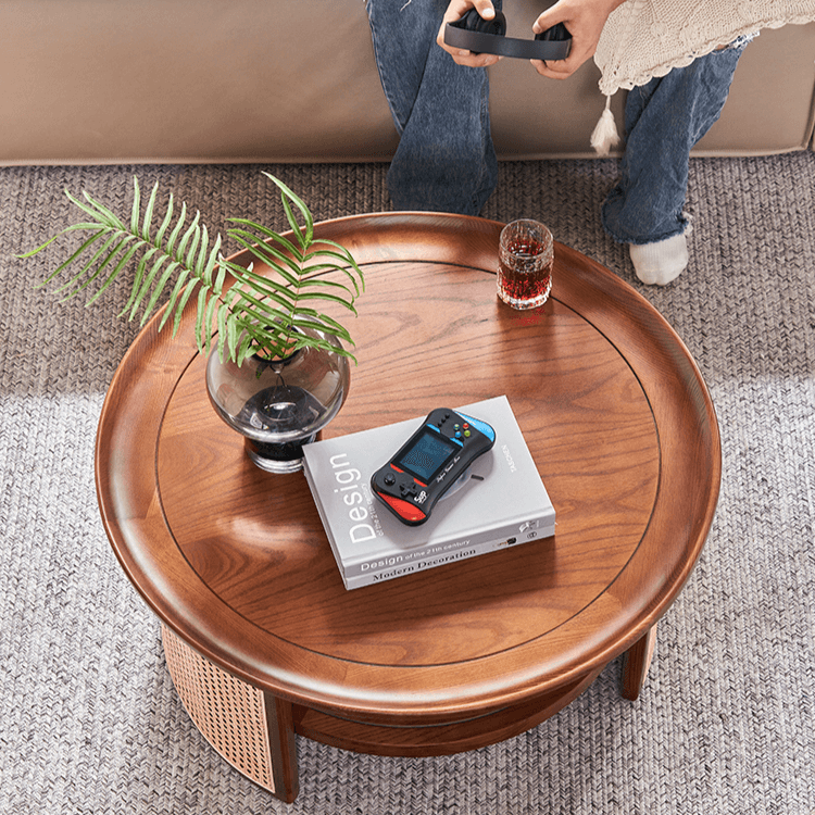 Japandi Style Round Coffee Table with Storage and Rattan Accents