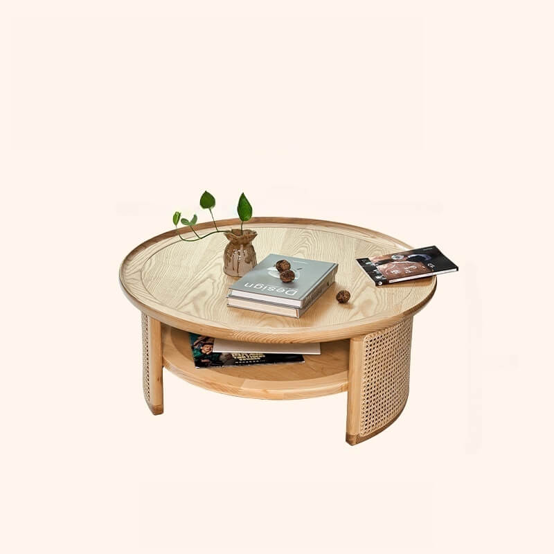 Japandi Style Round Coffee Table with Storage and Rattan Accents