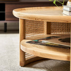 Japandi Style Round Coffee Table with Storage and Rattan Accents