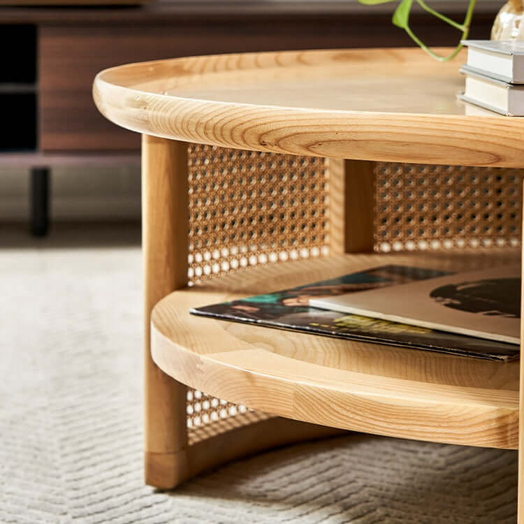 Japandi Style Round Coffee Table with Storage and Rattan Accents