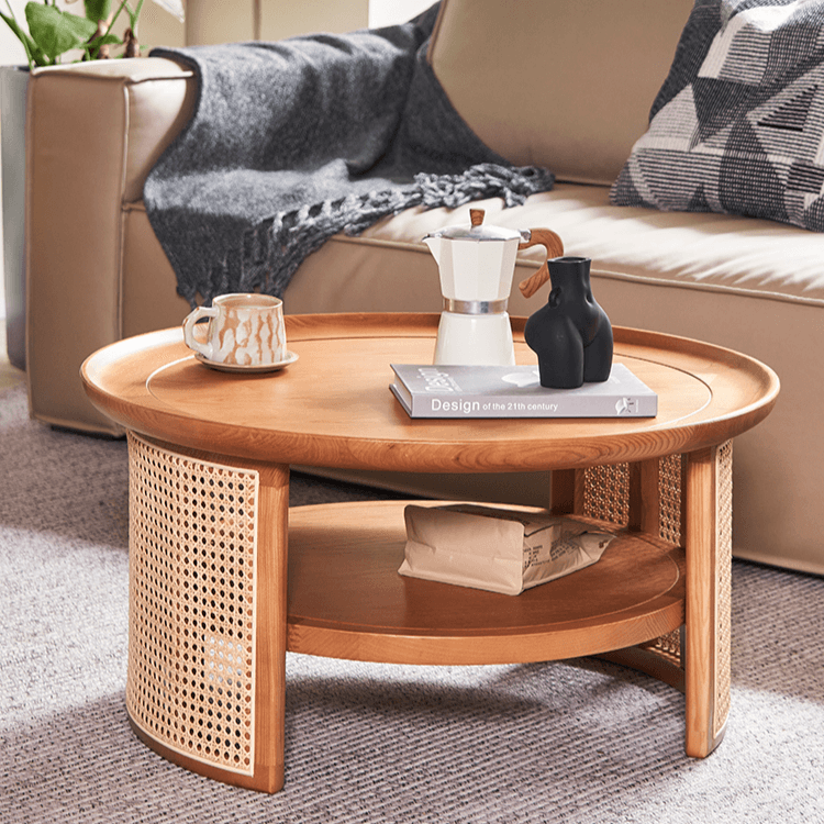 Japandi Style Round Coffee Table with Storage and Rattan Accents