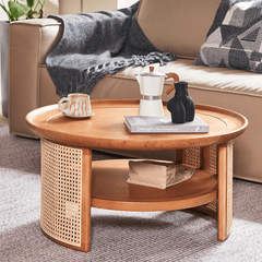 Japandi Style Round Coffee Table with Storage and Rattan Accents