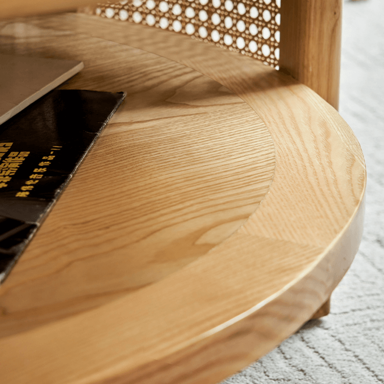 Japandi Style Round Coffee Table with Storage and Rattan Accents