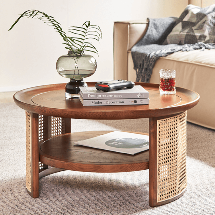Japandi Style Round Coffee Table with Storage and Rattan Accents