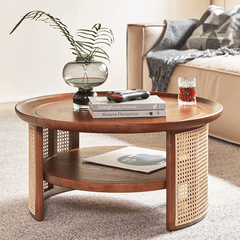 Japandi Style Round Coffee Table with Storage and Rattan Accents