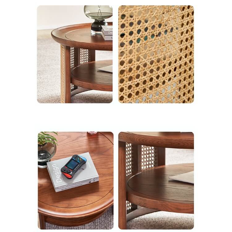 Japandi Style Round Coffee Table with Storage and Rattan Accents