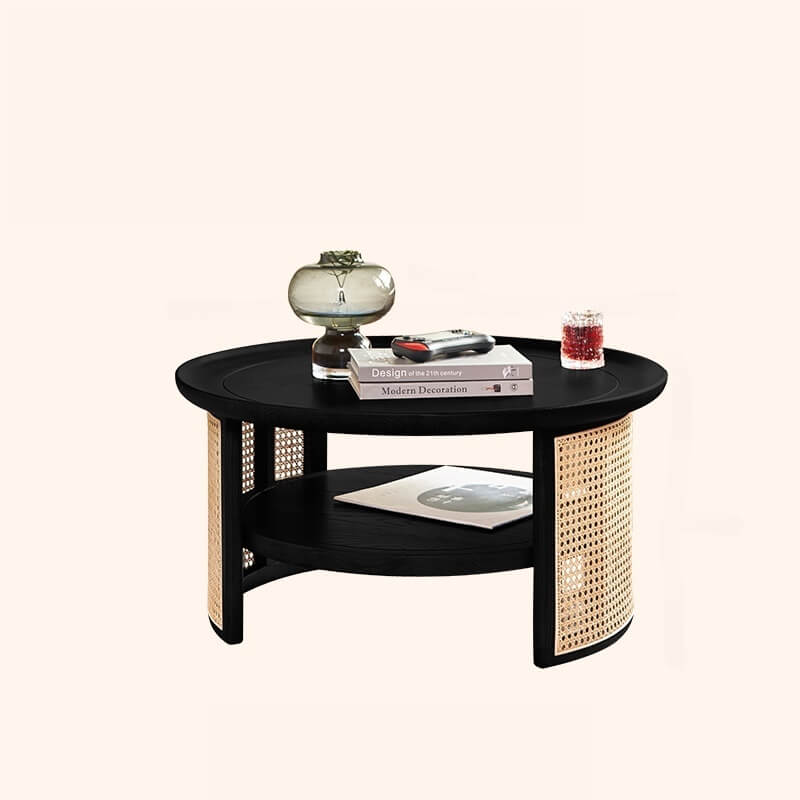 Japandi Style Round Coffee Table with Storage and Rattan Accents