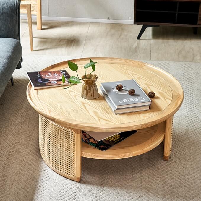 Japandi Style Round Coffee Table with Storage and Rattan Accents