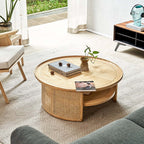 Japandi Style Round Coffee Table with Storage and Rattan Accents