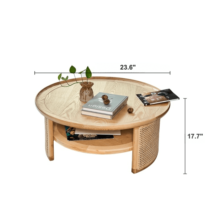 Japandi Style Round Coffee Table with Storage and Rattan Accents Dimensions