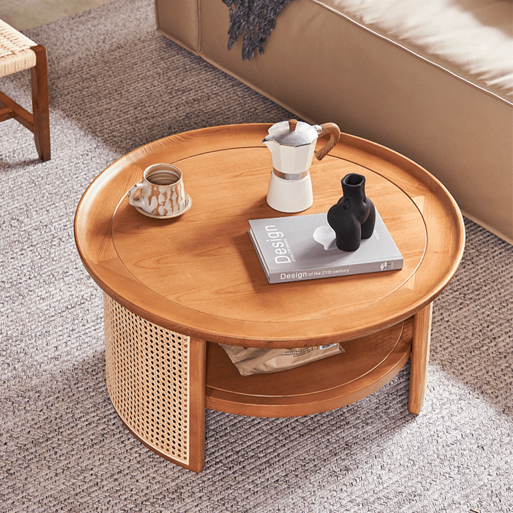 Japandi Style Round Coffee Table with Storage and Rattan Accents Main Product Image