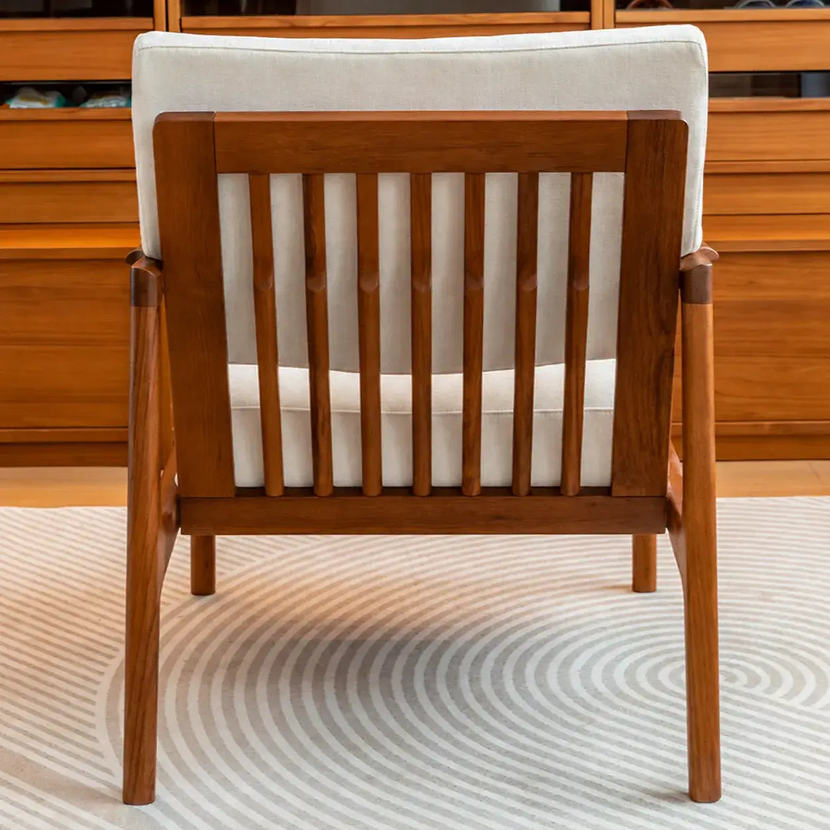 Japandi Teak Chair with Slatted Back, Wide Arms and Beige Cushions