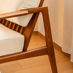 Japandi Teak Chair with Slatted Back, Wide Arms and Beige Cushions