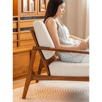 Japandi Teak Chair with Slatted Back, Wide Arms and Beige Cushions