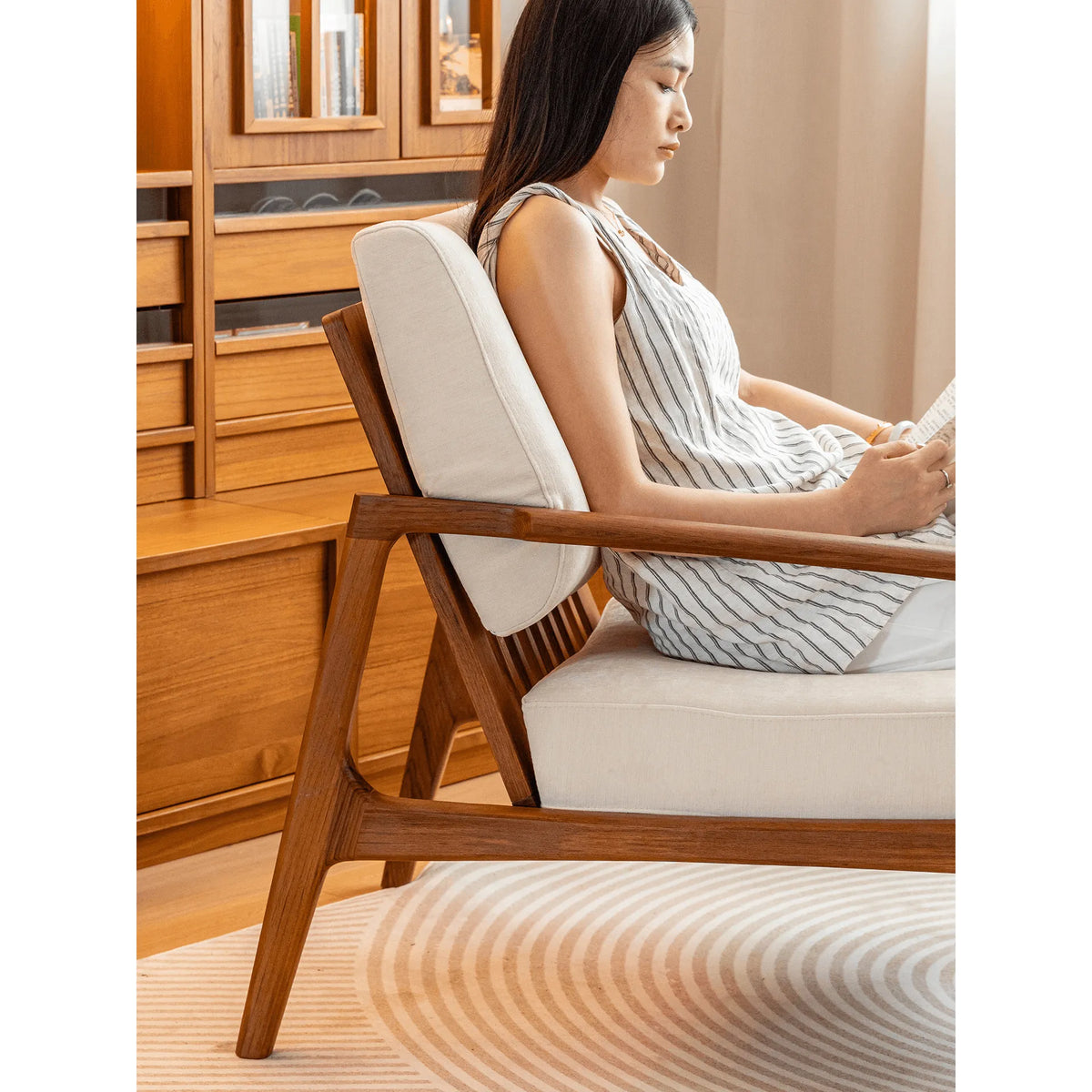 Japandi Teak Chair with Slatted Back, Wide Arms and Beige Cushions