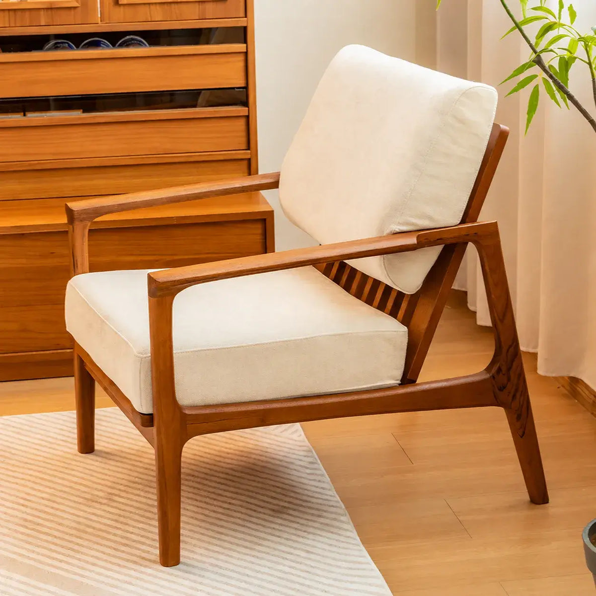 Japandi Teak Chair with Slatted Back, Wide Arms and Beige Cushions