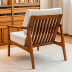 Japandi Teak Chair with Slatted Back, Wide Arms and Beige Cushions