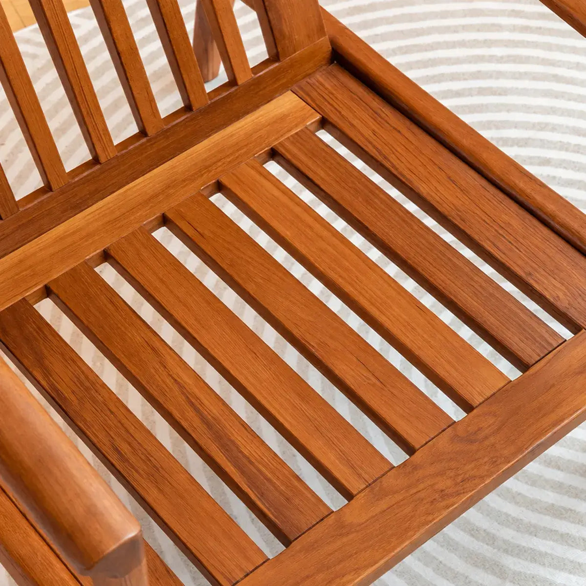 Japandi Teak Chair with Slatted Back, Wide Arms and Beige Cushions