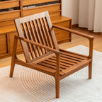 Japandi Teak Chair with Slatted Back, Wide Arms and Beige Cushions