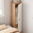 Japandi Wood Wardrobe Armoire With Open Shelves and Hanging Storage