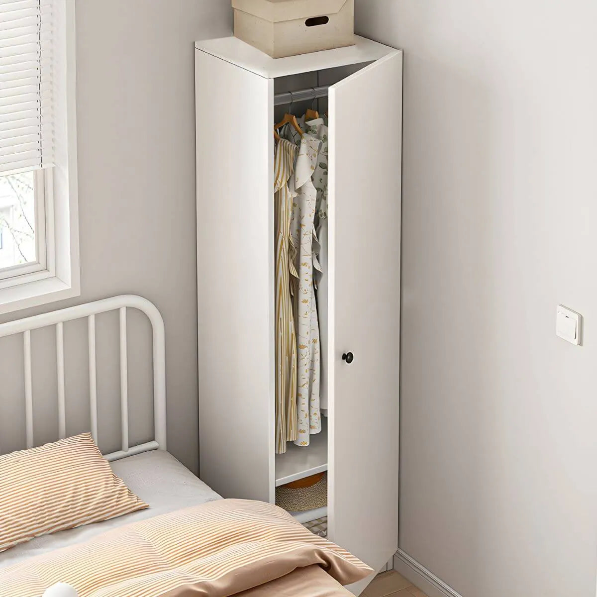 Japandi Wood Wardrobe Armoire With Open Shelves and Hanging Storage