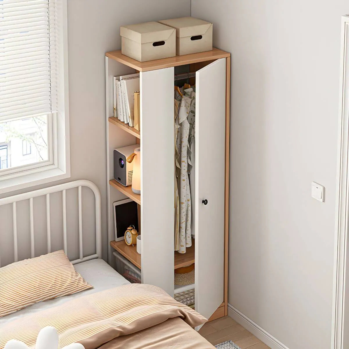 Japandi Wood Wardrobe Armoire With Open Shelves and Hanging Storage Main Product Image