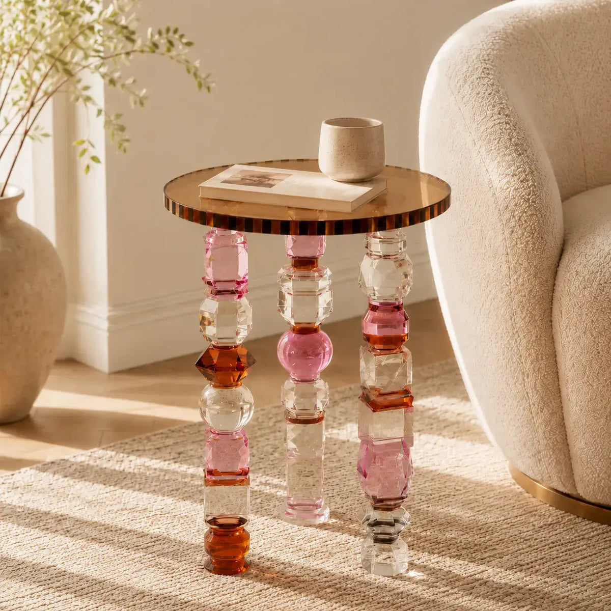 Jewelry-Inspired Acrylic Side Table Series With Amber Tones and Sculptural Legs