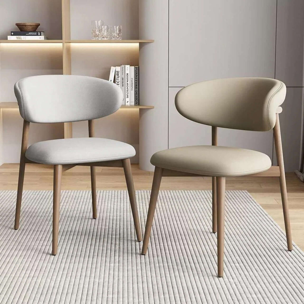 Minimalist khaki dining chair with scratch-resistant leather and solid wood frame