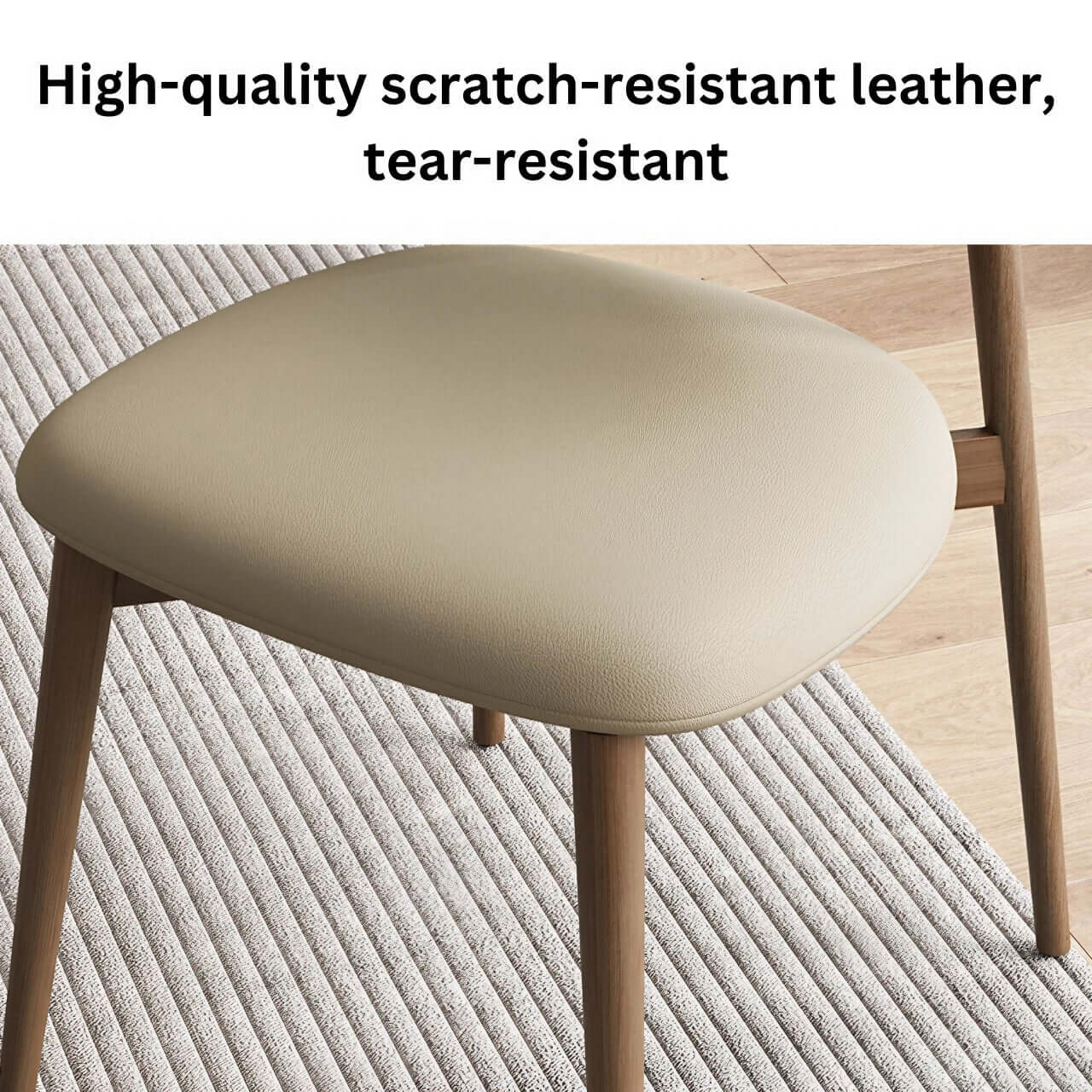 Minimalist khaki dining chair with scratch-resistant leather and solid wood frame