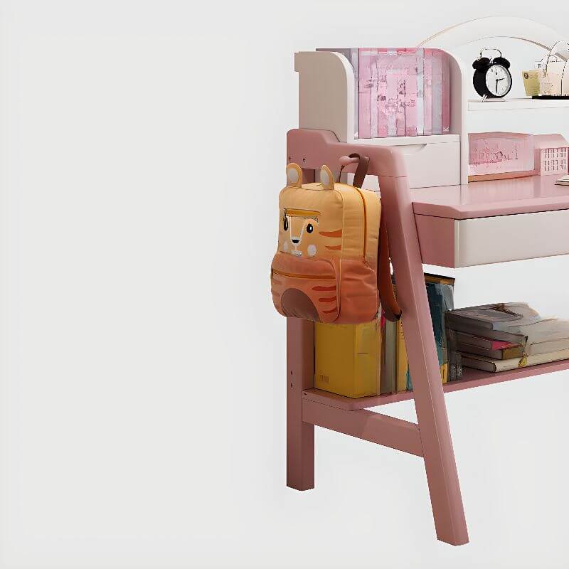 Kids Art Desk with Hutch, Drawers & Wall-Mounted Storage in Pink/White