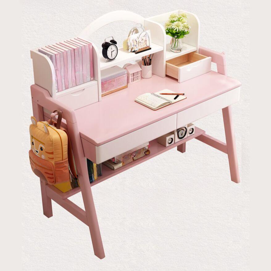 Kids Art Desk with Hutch, Drawers & Wall-Mounted Storage in Pink/White