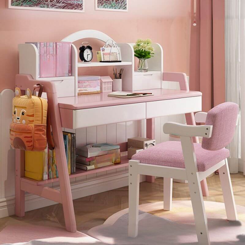 Kids Art Desk with Hutch, Drawers & Wall-Mounted Storage in Pink/White
