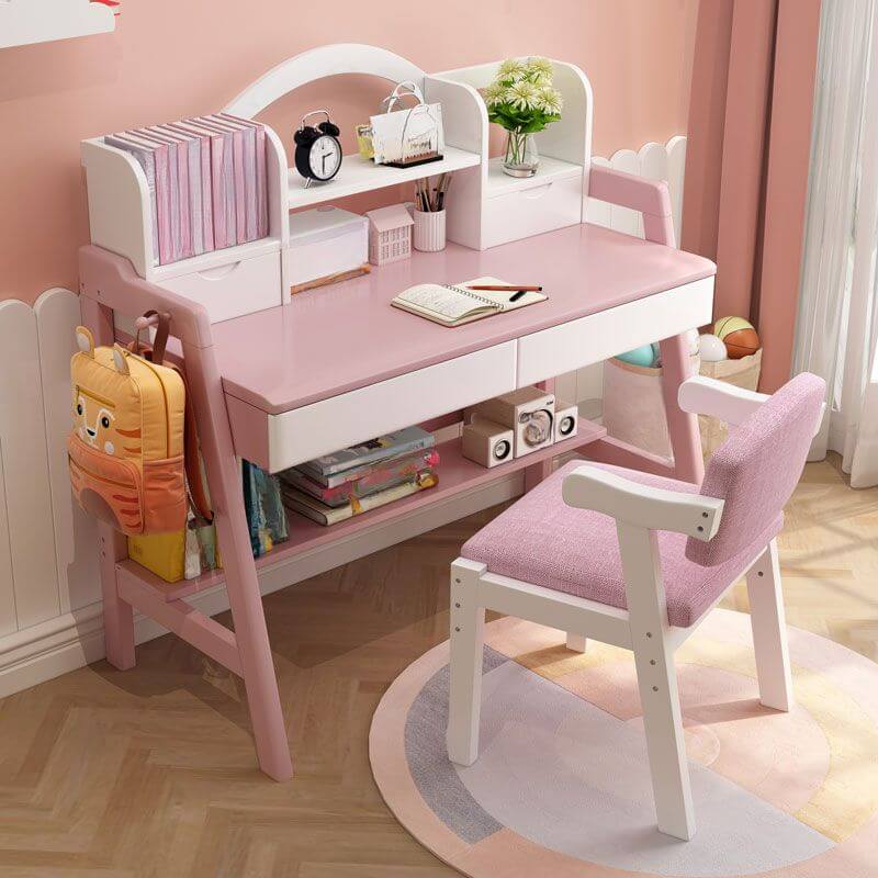 Kids Art Desk with Hutch, Drawers & Wall-Mounted Storage in Pink/White Main Product Image Main image