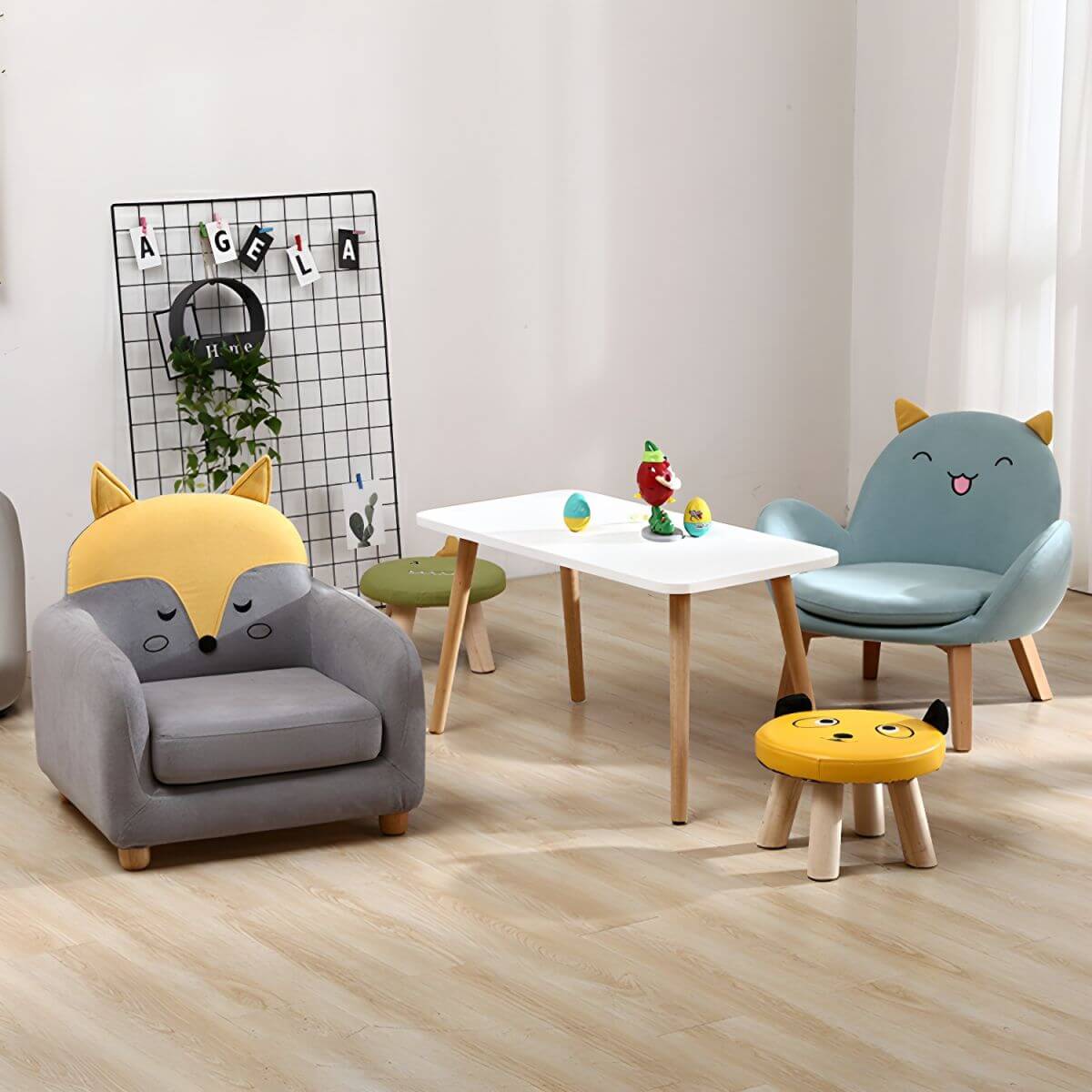 Kids' Cotton Upholstered Animal Club Chair – Low-Profile Playroom Seating