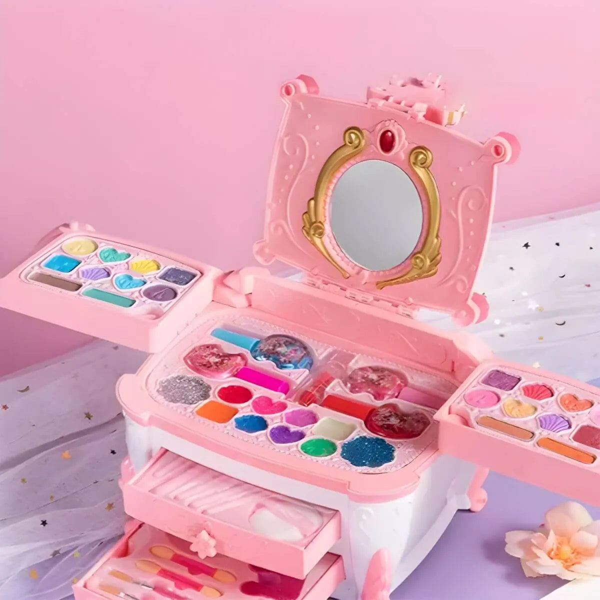 Kids Plastic Vanity Set with Doll, Mirror & Cosmetic Brushes